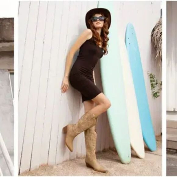 NIB- SZ 9 MidCalf Cowgirl Boots Embroidered Western Pointed Toe Chunky Heel TAN - Picture 1 of 6